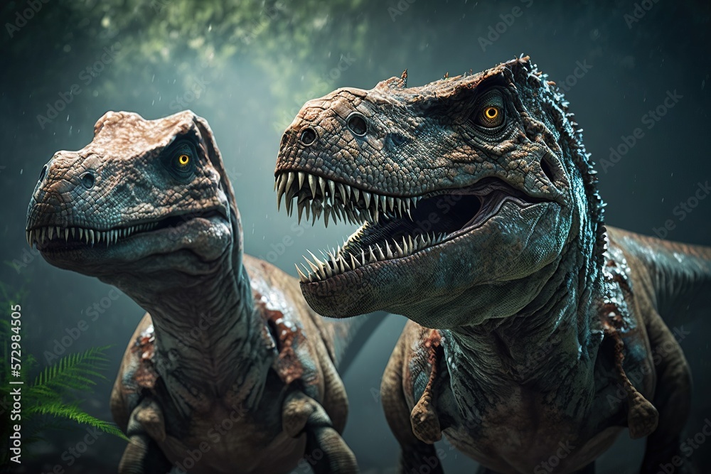 Angry Tyrannosaurus Rex face in Jungle ,Landscape forest in the