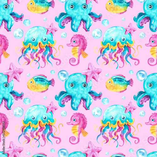 Watercolor pattern with a marine theme. Jellyfish, octopuses, fish and seahorses on a pink background