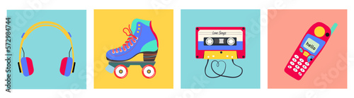 Set of retro items including cassette tapes, phone, four wheel roller skates, headphones. Vector illustration of 90s or 80s themed hobbies. Hand drawn elements in colorful vintage style.