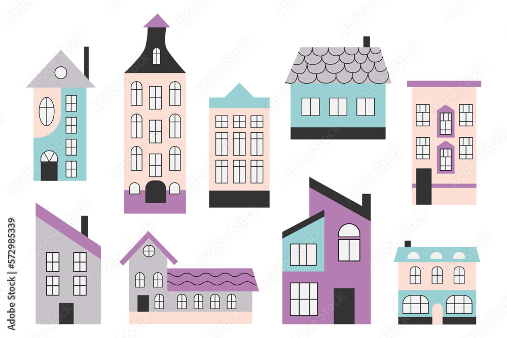 Set of flat style houses. Buildings with windows in Scandinavian style. Town and country houses with windows, roof tiles and chimneys with smoke. White insulated background. 