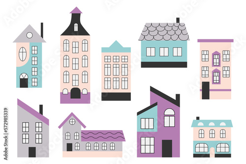 Set of flat style houses. Buildings with windows in Scandinavian style. Town and country houses with windows  roof tiles and chimneys with smoke. White insulated background. 