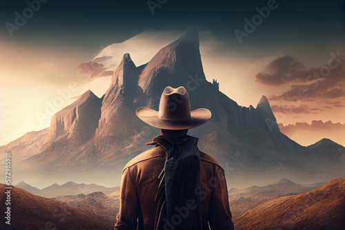 Cowboy in traditional hat looks at mountains in bright autumn colors