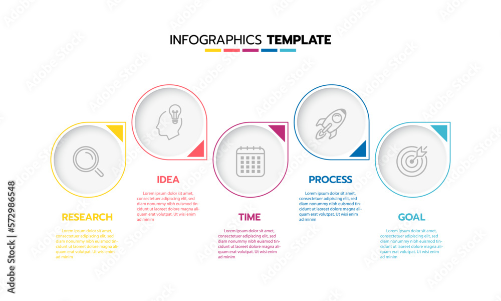 Business infographic template process with simple geometry square, rectangle, circle, triangle, curves in flat design template with thin line icons and 5 options or steps. Vector illustration. Business infographic template process with simple geometry square, rectangle, circle, triangle, curves in flat design template with thin line icons and 5 options or steps. Vector illustration.