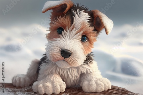 Wire Fox Terrier Puppy Cutesy Resting In The Snow Generative AI photo