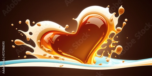 Heart shaped golden caramel syrup milky splash, romantic temptation in the sweetest way possible - generative AI. 