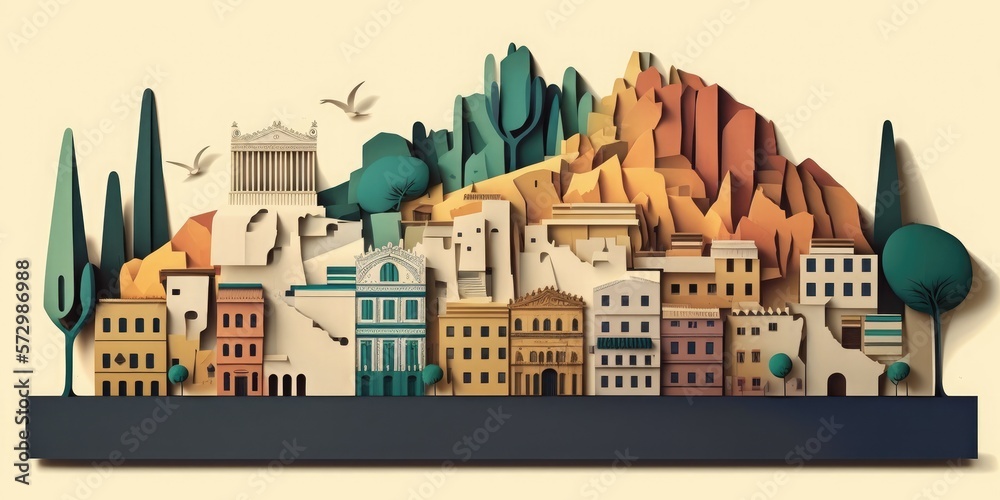 Greece, ancient  greek temples, paper art collage, layered color paper, travel banner, AI generative