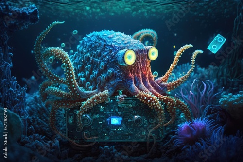 Mechanical octopus with luminescent eyes holding electronic device, motherboard with tentacles. AI generative imaginary creature underwater.