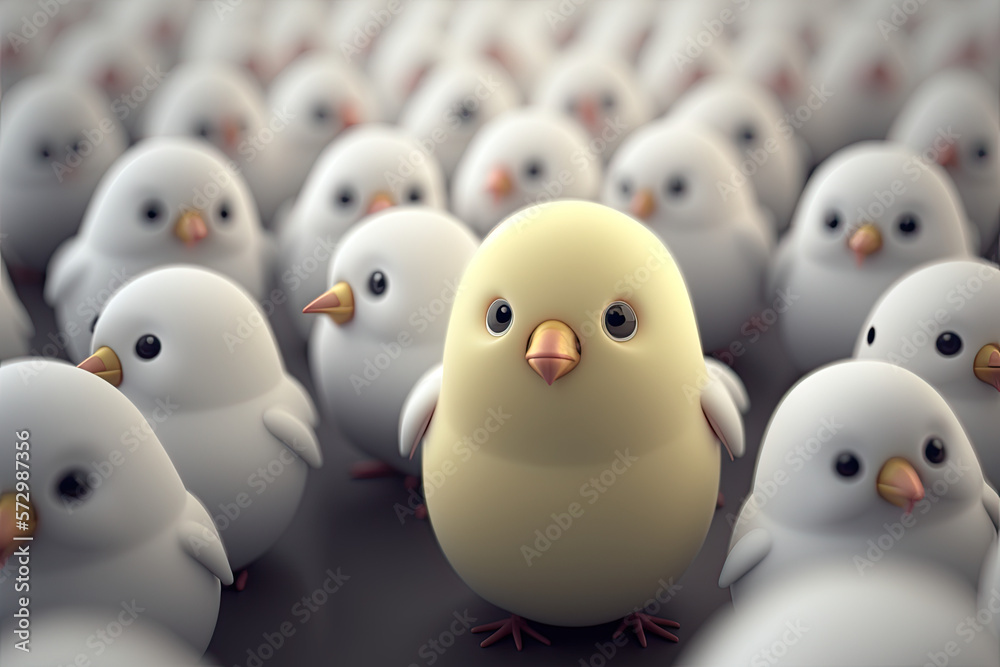 Easter chick stands out from a crowd, unique, individuality, difference, leadership, leader, cute, adorable, fluffy Easter chick stands out from a crowd, unique, individuality, difference, leadership, leader, cute, adorable, fluffy