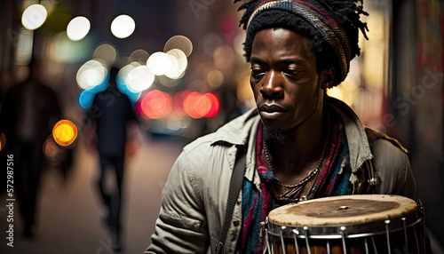 Young african musician, man playing bongo drum in night city with city lights and traffic, AI generative 