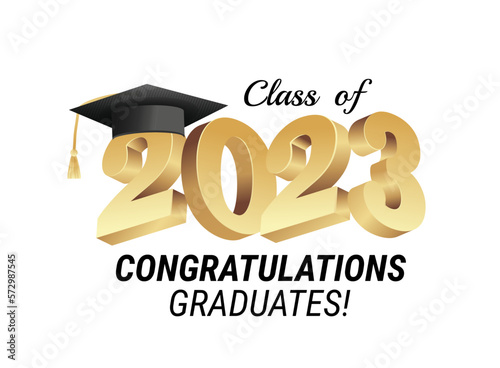 Class of 2023. Congratulations graduates gold graduation concept with 3d text and decorative elements. Graduation typography design template. Congrats graduates Flat style vector illustration