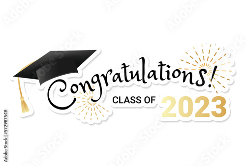 Congratulations graduates class of 2023 typography design. Graduation ceremony design template for greeting card, banner, badge, invitation, print etc. Black and gold minimalist grad ceremony design