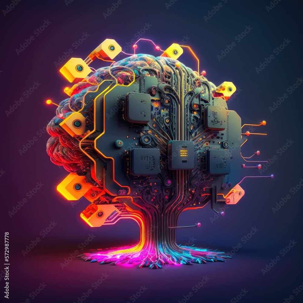 Microchip inside cloud of dots and lines in shape of biological brain, organic nervous system. Electric activity inside the system. Connecting lines to wide web outside, AI Generative.