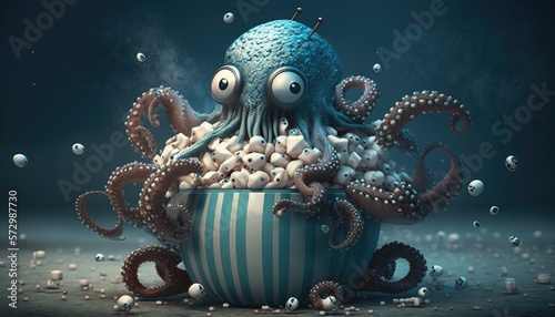 scared octopus with bucket of popcrorn, probably watching a scary movie, horror. Emotional reaction, AI generative