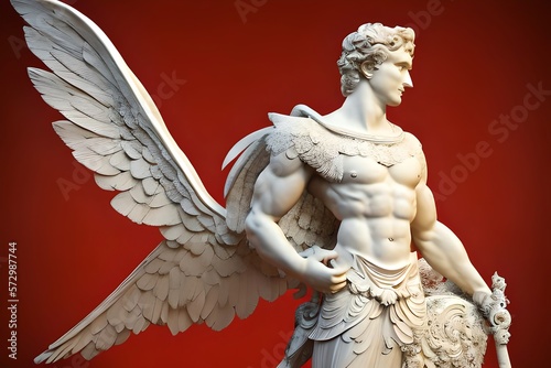 A Handsome Cupid God Of Love With Wings Against A Red Background. Generative AI photo