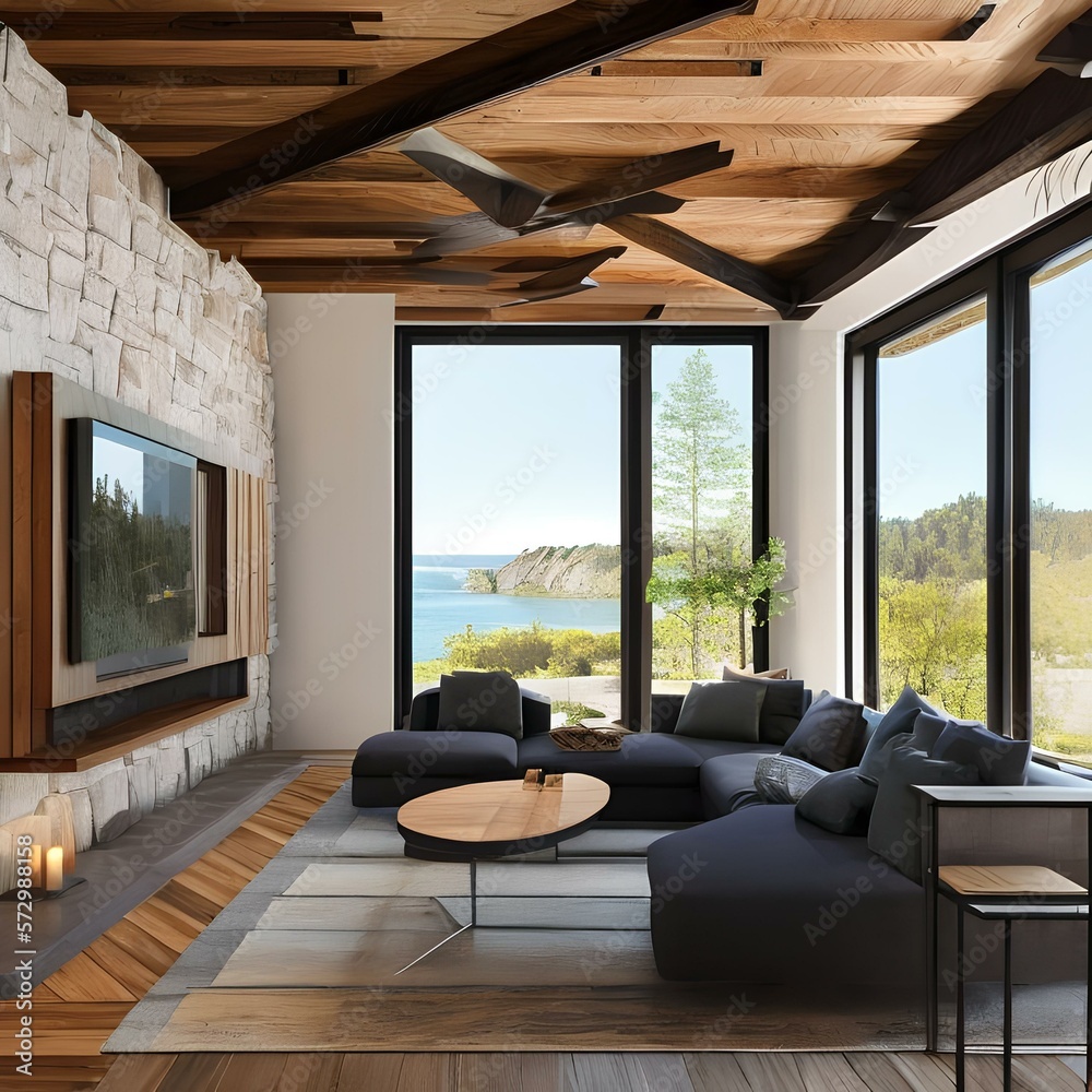 Fototapeta premium A modern home with a rustic vibe, featuring wood beam ceilings and stone walls 3_SwinIRGenerative AI