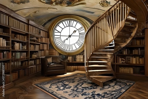 A Spiral Staircase In A Large Room With Bookshelves And A Clock On The Side Of The Wall And A Painting On The Wall. Generative AI