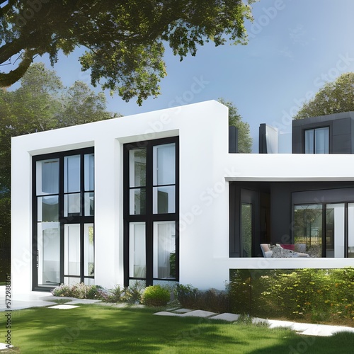 L-shaped modern home with white stucco exterior and prominent glass windows 2_SwinIRGenerative AI © Ai.Art.Creations