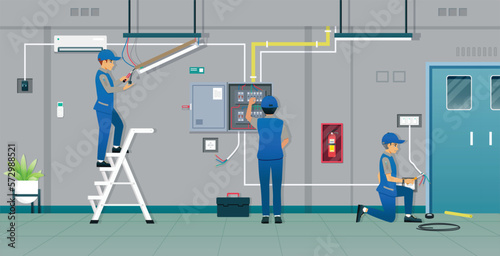A professional electrician checks the main breaker and repairs the lamp.