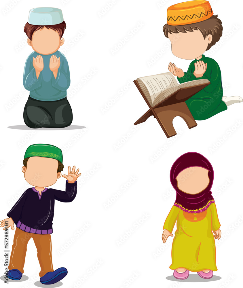 set of islamic cartoon boys, girls, men and women vector illustration with makkah and madinah. 