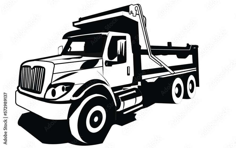 A detailed black and white vector illustration of an American dump truck.