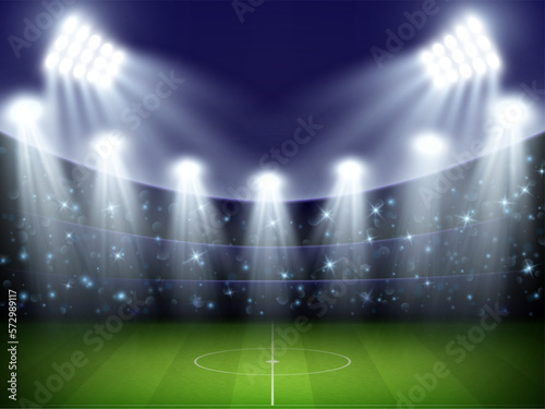 Football stadium. Soccer playground with lighting projectors. World cup night arena. Building on green field. Spotlight rays. Championship game. Vector realistic athletic background