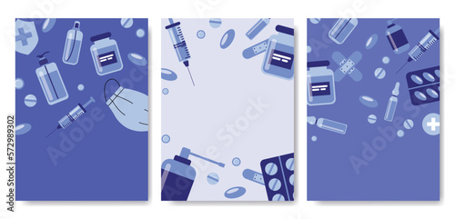 Medicine background set, pharmacy, hospital set of drugs, pills, syringe, hand sanitizer. Medication, pharmaceutics, illness, health concept. Vector illustration isolated on background