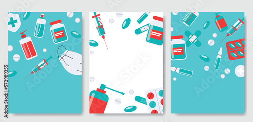 Medicine background set, pharmacy, hospital set of drugs, pills, syringe, hand sanitizer. Medication, pharmaceutics, illness, health concept. Vector illustration isolated on background