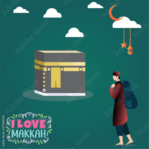 islamic ramadan and eid aladha mubarak with makkah and madinah illustration vector.