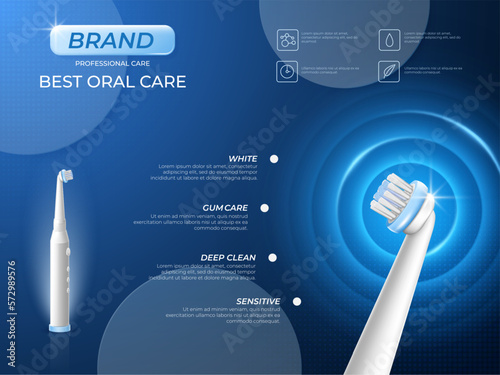 Electrical toothbrush. Technological dentist product ad. Teeth cleaning. Brush in light ring. Advertising banner design. Oral care and hygiene. Dental health. Vector realistic background