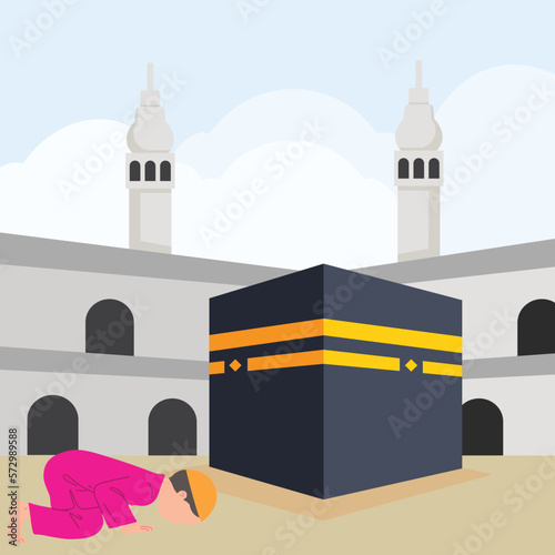 islamic ramadan and eid aladha mubarak with makkah and madinah illustration vector.