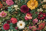 Beautiful Fantasy Vintage Wallpaper Different Botanical Flower Bunch.Vintage Motif For Floral Print Digital Background. Generative AI