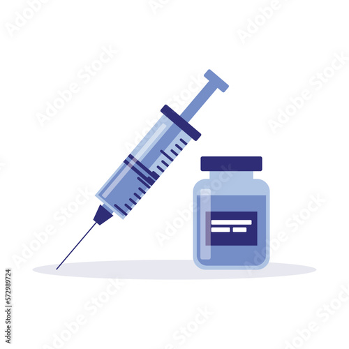 Medical disposable syringe with needle. Applicable for vaccine injection, vaccination illustration. Plastic syringe, illness concept. Vector illustration isolated on background