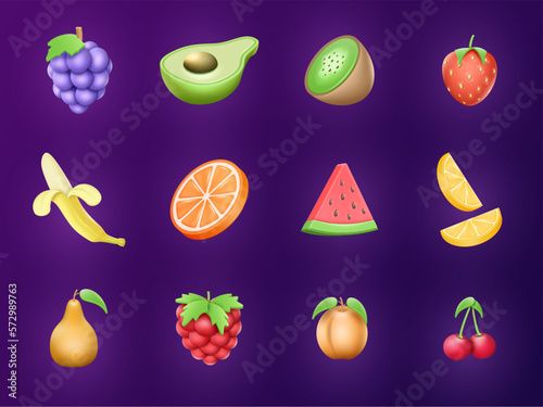 3d casino fruits, cute cherry, lemon, orange. Mobile lottery slots for game machine, ui cartoon coloring elements, gambling signs. Banana avocado and strawberry. Vector illustration icons
