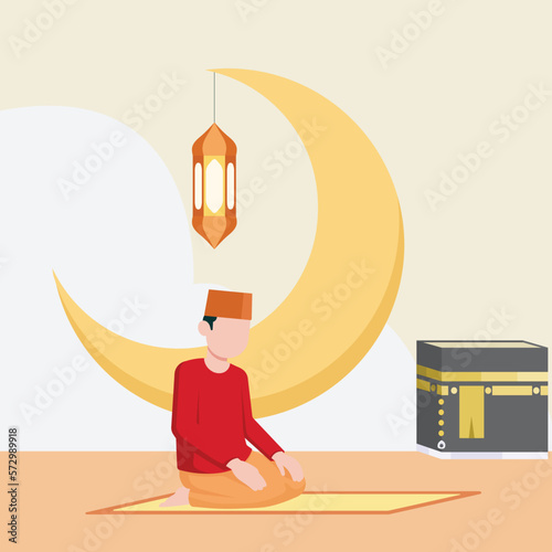 islamic ramadan and eid aladha mubarak with makkah and madinah illustration vector.