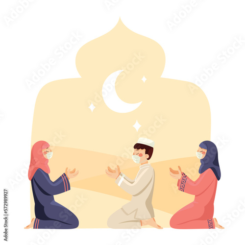 islamic ramadan and eid aladha mubarak with makkah and madinah illustration vector.