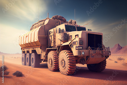 Armored Car enhanced security for the transportation of personnel in sand desert.