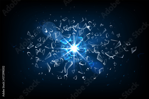 Blue light. Shatter glass fragments. Broken shards. Blast explode. 3D futuristic triangle shapes. Explosion debris. Sparkling fragile particles. Energetic flash. Vector abstract background