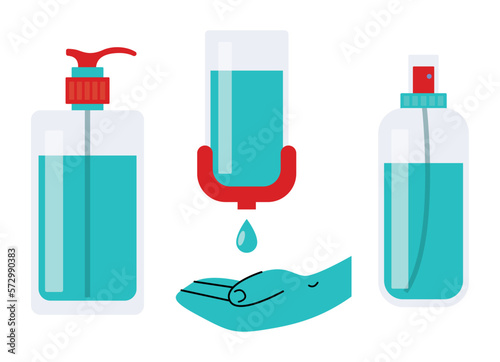 Hand sanitizer set. Alcohol rub sanitizer kills bacteria stop viruses coronavirus. Hygiene product. Sanitizer bottle and wall mounted container. Covid-19 spread prevention flat illustration isolated 