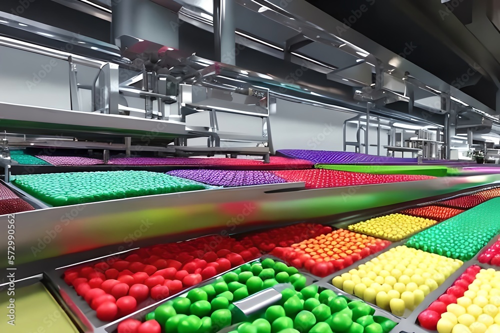 Colored Sweets In Glaze Chocolate Lollipop Conveyor At The Factory Production. Technology. Generative AI