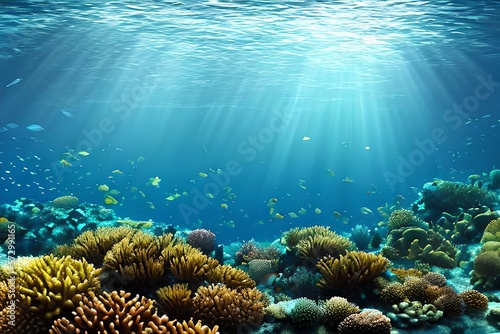 Coral Reef With Many Fish Swimming Underwater In Light Beams. Generative AI