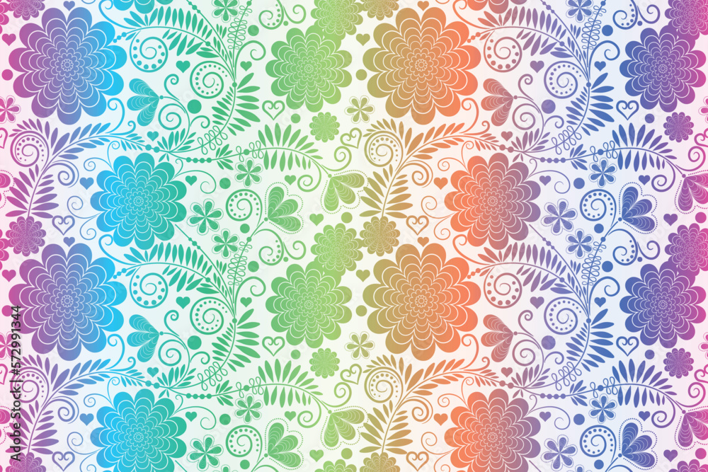 Vector colorful seamless striped gradient pattern with vintage flowers