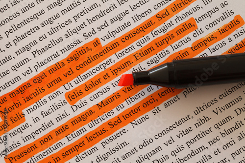 Lorem Ipsum text some lines are highlighted with orange marker stripes, selective focus, document preparation photo