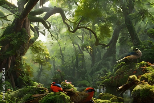 Fantastic Birds In A Fairy-Tale Forest. Generative AI
