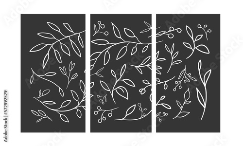 White Floral set line drawing on black backgraund. Outline sprigs bundle. Botanical spring leaves clipart. Vector illustration