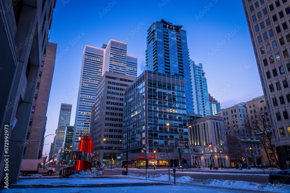 The business center of Montreal with the iconic Place ville skyscraper in the heart of downtown.