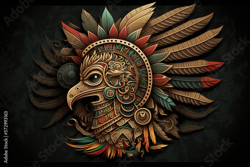 ancient Azteca civilization with iconic symbols such as the Aztec calendar and the feathered serpent god, Quetzalcoatl, alongside Aztec warriors in headdresses. generative AI