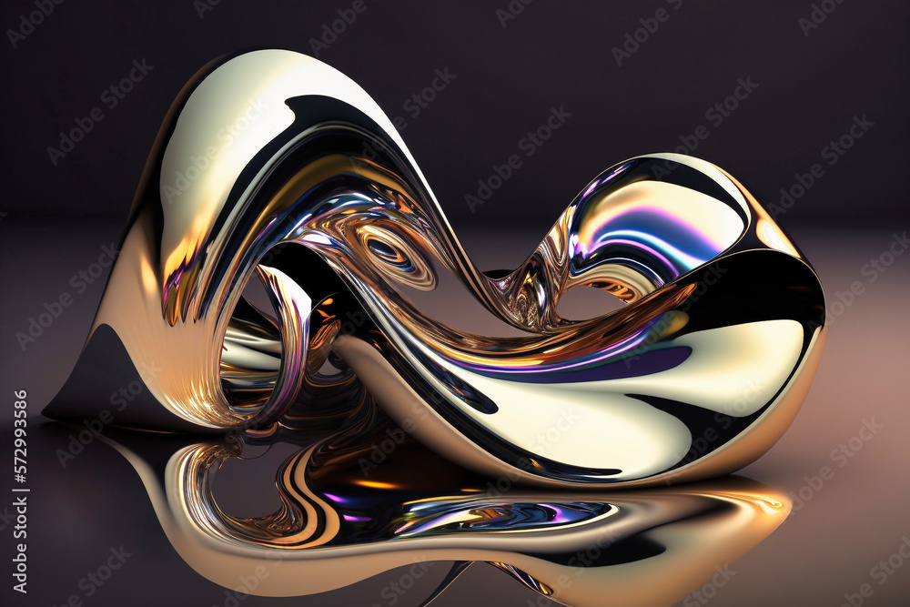 Abstract 3d render, iridescent, glossy, reflective metallic, organic curve wave in motion - Generative AI