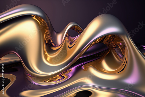 Abstract 3d render, iridescent, glossy, reflective metallic, organic curve wave in motion - Generative AI