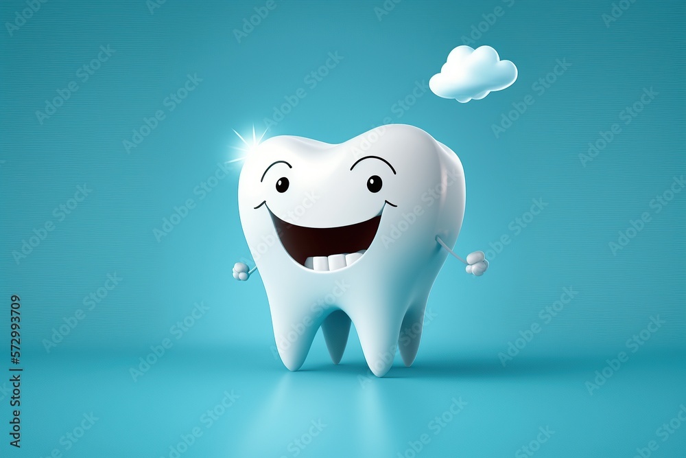 White happy tooth in cartoon style on blue background. The concept of dental health. Generative AI White happy tooth in cartoon style on blue background. The concept of dental health. Generative AI