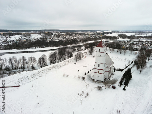 The view of the old spaso-preobrazhensky Cathedral in Zaslavl, Belarus. Drone aerial view.